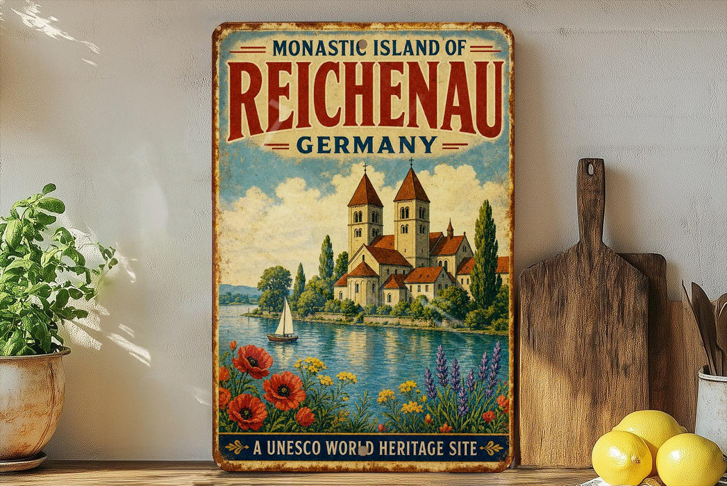 A vintage-style metal sign for the Monastice Island of Reichenau, Germany, featuring a castle, river, and flowers.