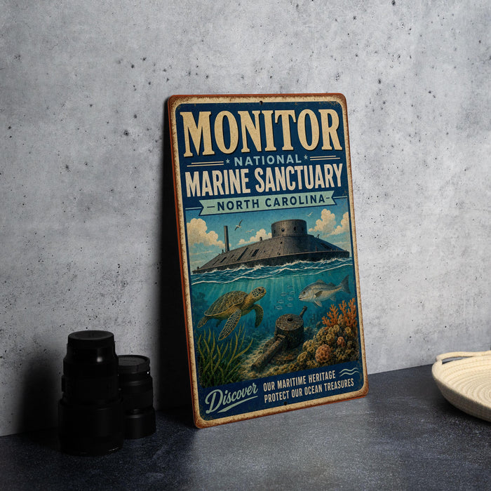 A vintage metal sign for the Monitor National Marine Sanctuary in North Carolina, featuring an illustration of a submarine and marine life.