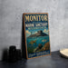 A vintage metal sign for the Monitor National Marine Sanctuary in North Carolina, featuring an illustration of a submarine and marine life.