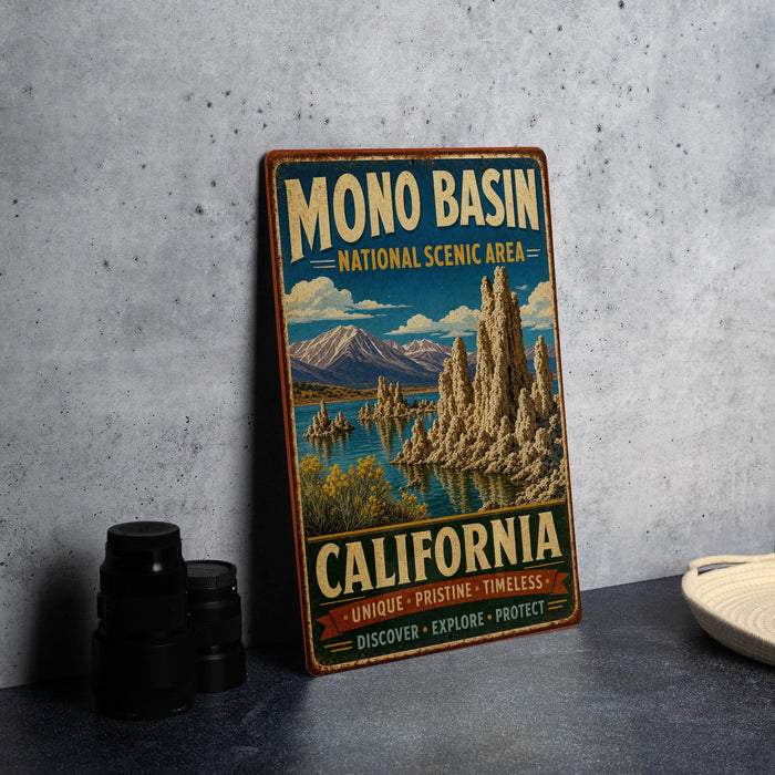 A vintage-style metal sign for the Mono Basin National Scenic Area in California, featuring a scenic landscape with mountains, lakes, and a waterfall.