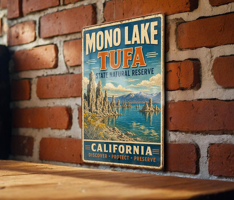 A vintage-style metal sign for the Mono Lake Tufa State Natural Reserve in California, featuring a scenic landscape with mountains and a lake.