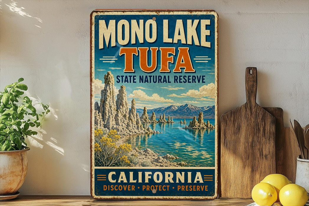 A vintage-style metal sign for the Mono Lake Tufa State Natural Reserve in California, featuring a scenic landscape with mountains, water, and a wooden paddle.