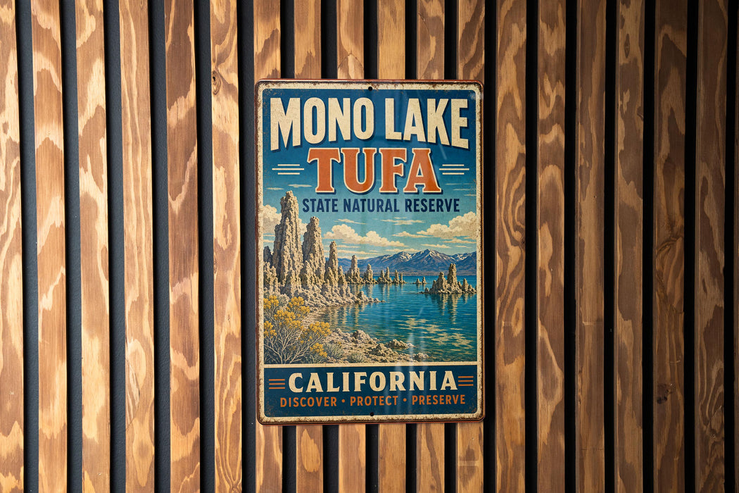 A vintage metal sign for the Mono Lake State Natural Reserve in California, featuring a scenic landscape with mountains, water, and a lake.