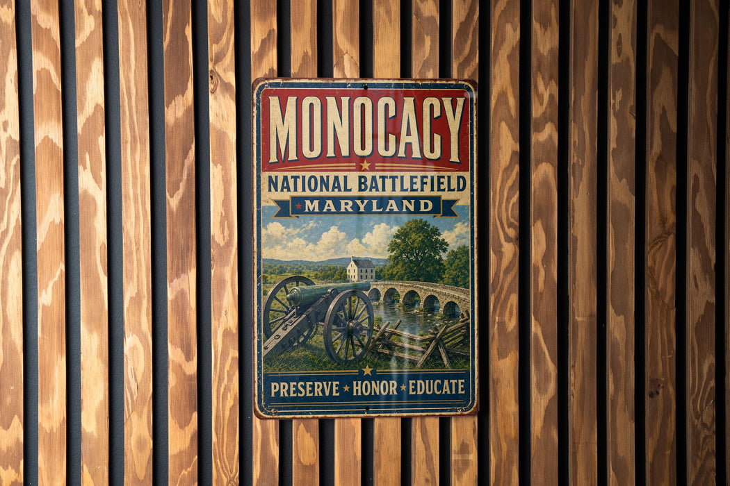 A vintage metal sign with the text "MONOCACY NATIONAL BATTLEFIELD MARYLAND" and an illustration of a cannon and a bridge, mounted on a wooden wall.