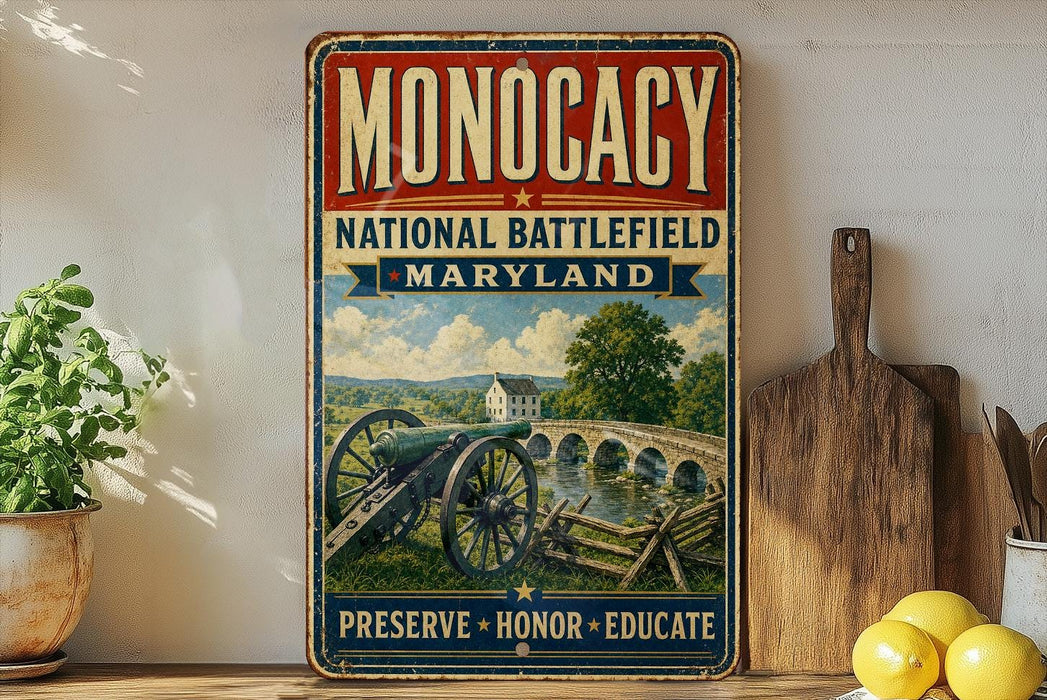 a vintage-style metal sign with a painting of a cannon and a bridge, placed on a wooden surface next to a wooden cutting board and some lemons.