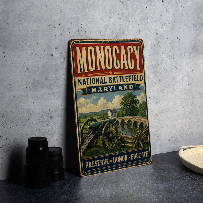 A vintage metal sign with the text "MONOCACY NATIONAL BATTLEFIELD MARYLAND" and an illustration of a cannon and a bridge, placed on a gray countertop next to some black camera lenses.
