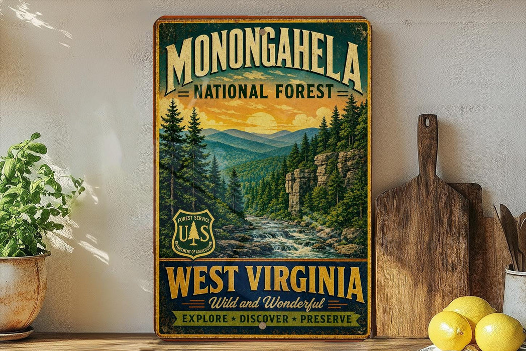 a vintage-style sign for Monongahela National Forest, with a scenic mountain landscape and a river. The sign is displayed on a wooden shelf, surrounded by various kitchen items such as a cutting board, a knife, a bowl, and a potted plant.