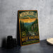 A vintage-style metal sign for Monongahela National Forest, featuring a scenic mountain landscape with pine trees and a river.