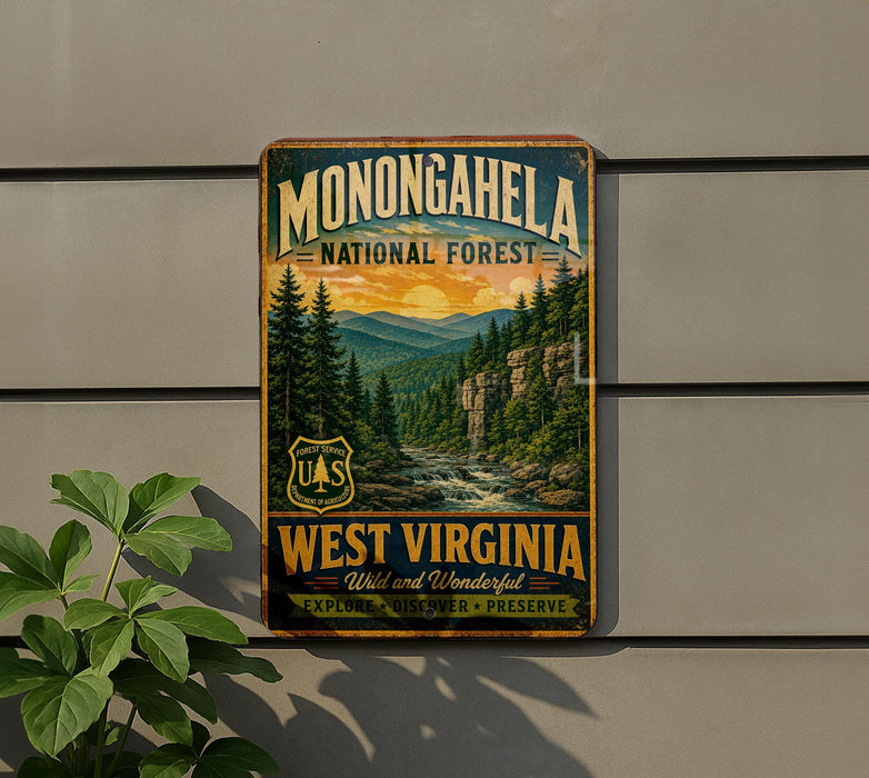 A vintage-style metal sign for Monongahela National Forest, featuring a scenic landscape with pine trees, mountains, and a river.