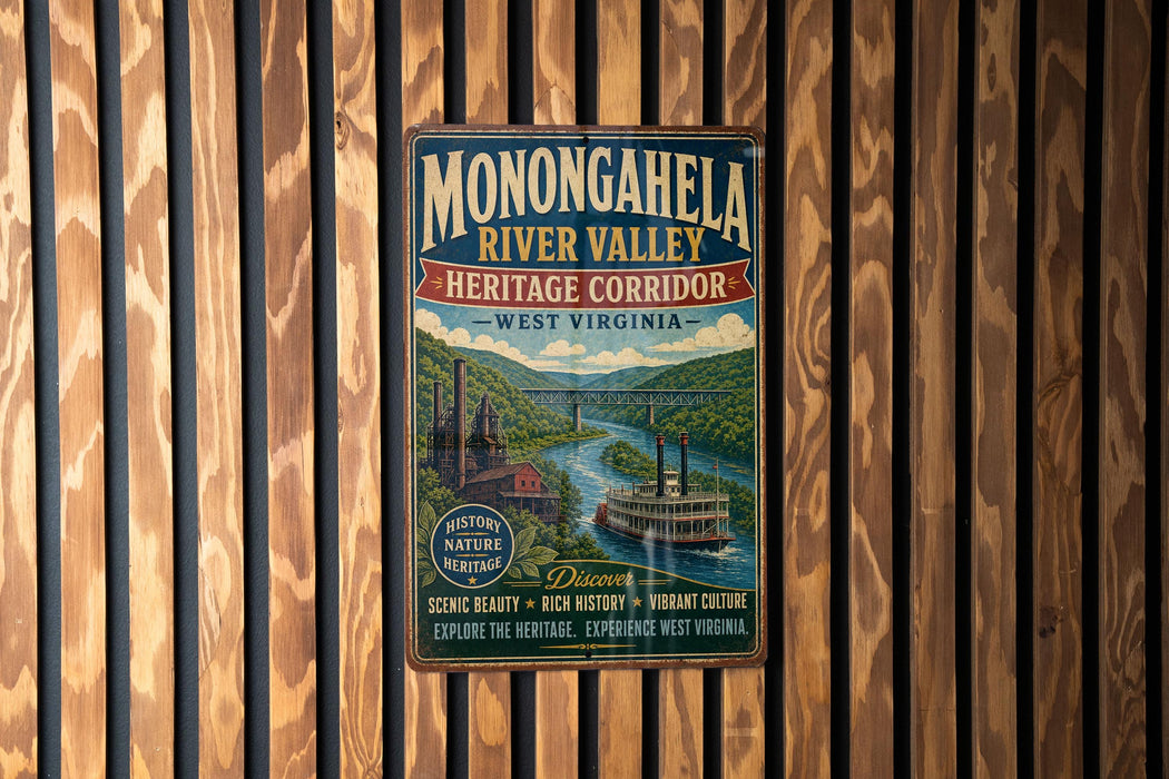 A vintage-style metal sign for Monongahela River Valley Heritage Corridor, featuring a scenic image of a river and a steamboat, is displayed on a wooden wall.