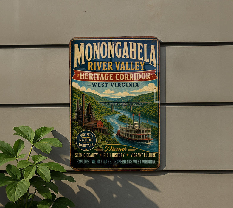A vintage-style metal sign for Monongahela River Valley Heritage Corridor, West Virginia, featuring a river, steamboat, and scenic landscape.