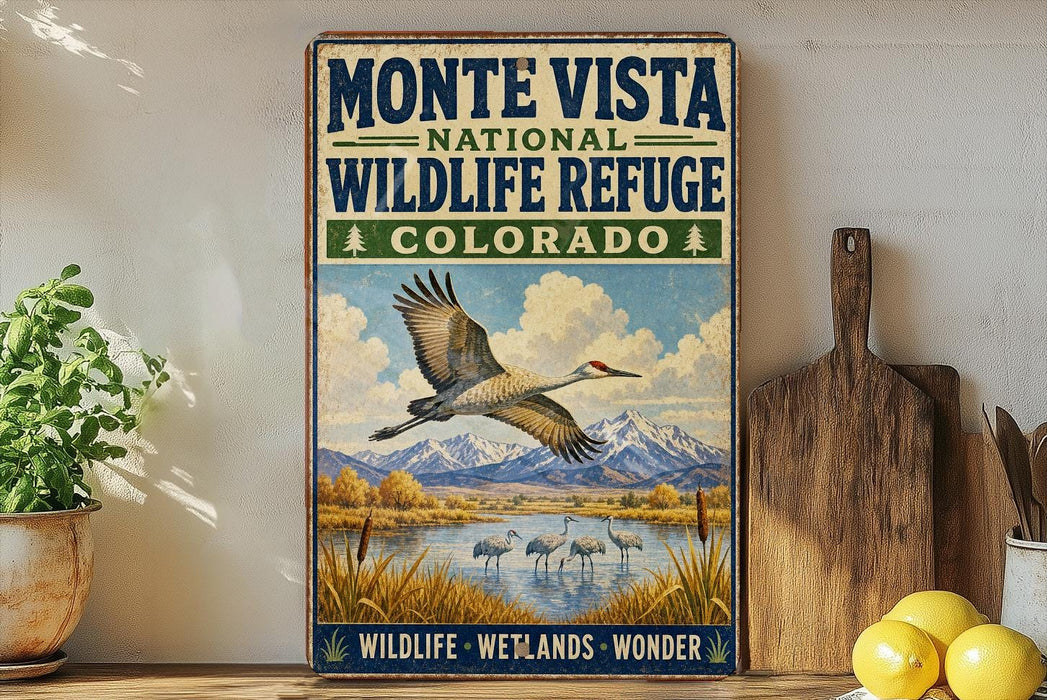 A vintage-style sign for the Monte Vista National Wildlife Refuge in Colorado, featuring a bird in flight over a scenic landscape with mountains and a lake.