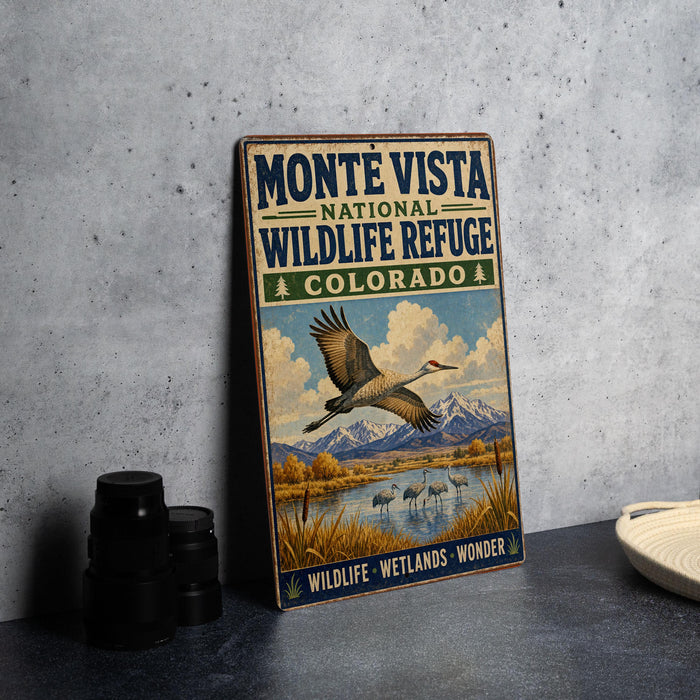 A vintage-style metal sign for the Monte Vista National Wildlife Refuge in Colorado, featuring an illustration of a crane in flight over a scenic landscape.
