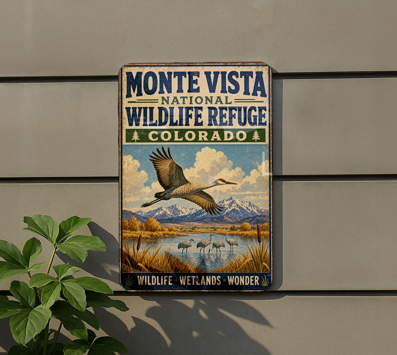 A vintage-style metal sign for the Monte Vista National Wildlife Refuge in Colorado, featuring a large bird in flight and a scenic landscape.