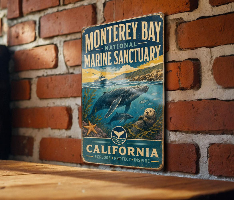 A vintage metal sign for Monterey Bay National Marine Sanctuary, featuring an illustration of marine life and the text "California" and "Explore + Protect + Inspire".