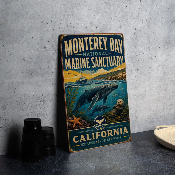 A vintage-style metal sign for Monterey Bay National Marine Sanctuary, featuring an illustration of marine life and the text "California EXPLORE PROTECT INSPIRE".