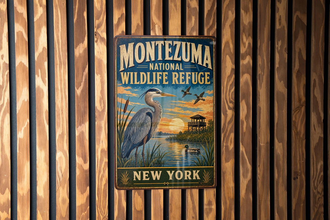 A vintage-style metal sign for the Montezuma National Wildlife Refuge in New York, featuring an illustration of a heron and a sunset over a lake.
