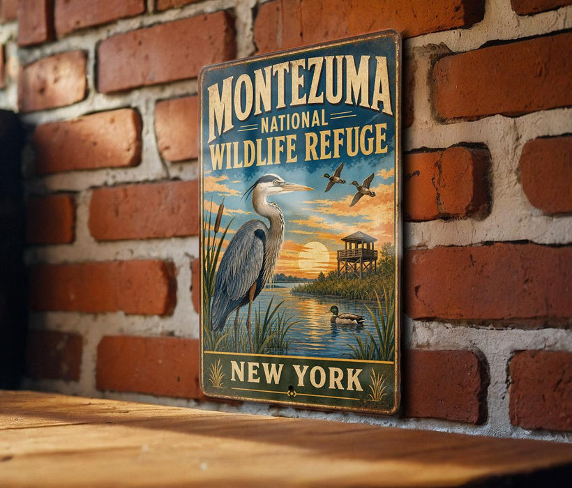 A vintage-style metal sign for the Montezuma National Wildlife Refuge in New York, featuring an illustration of a heron and ducks in a serene landscape with a sunset.