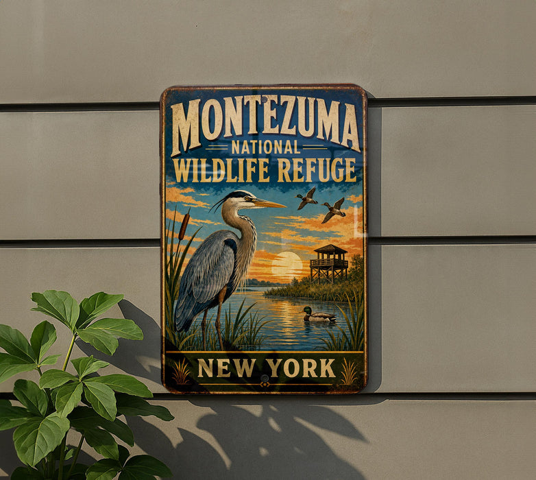 A vintage-style metal sign for the Montezuma National Wildlife Refuge in New York, featuring a large blue heron and ducks in a serene landscape.