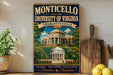 A vintage-style poster of the University of Virginia, specifically Monticello, is displayed on a wall next to a wooden cutting board and some lemons.