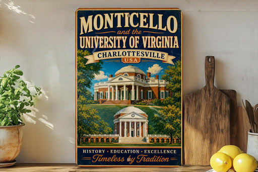 A vintage-style poster of the University of Virginia, specifically Monticello, is displayed on a wall next to a wooden cutting board and some lemons.