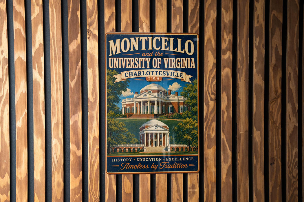 A vintage-style metal sign for the University of Virginia, located in Charlotte, Virginia.