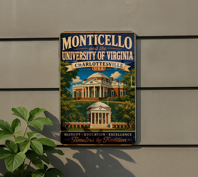 a vintage-style sign for the University of Virginia, specifically Monticello, with a large illustration of the university's buildings.