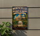 a vintage-style sign for the University of Virginia, specifically Monticello, with a large illustration of the university's buildings.