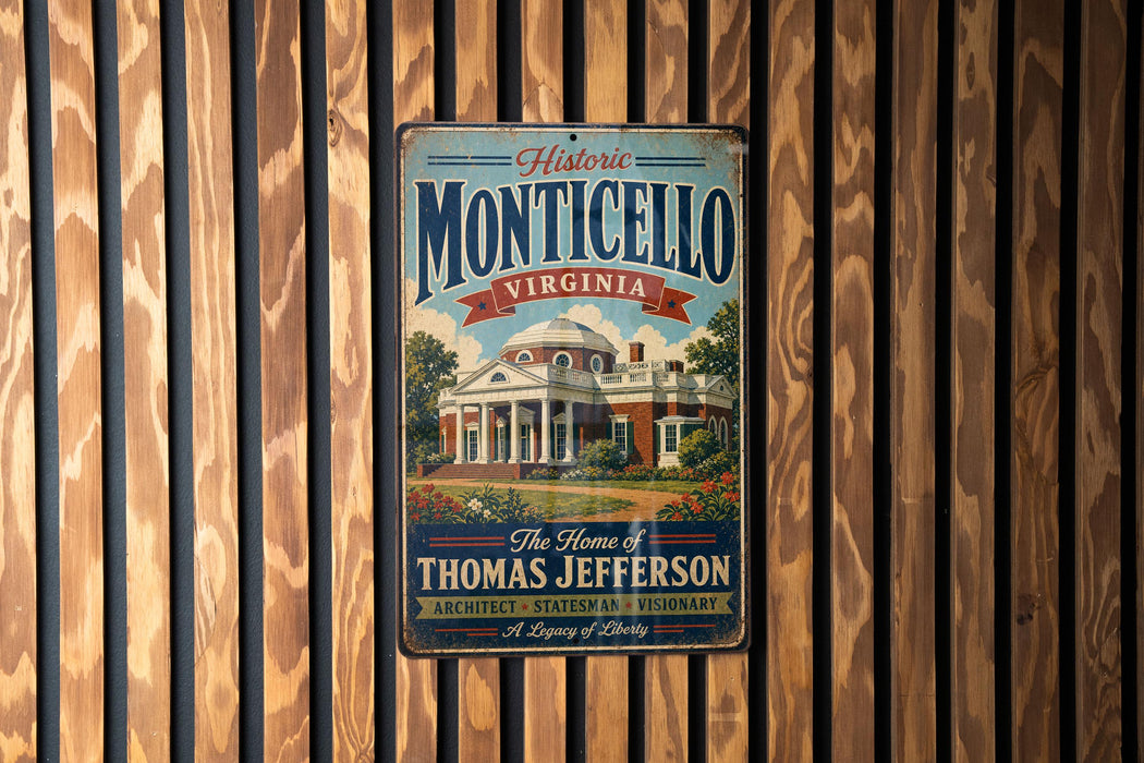 A vintage-style metal sign for Historic Monticello, Virginia, featuring an illustration of Thomas Jefferson's home.