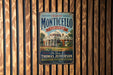 A vintage-style metal sign for Historic Monticello, Virginia, featuring an illustration of Thomas Jefferson's home.