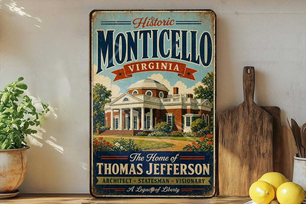 A vintage-style metal sign for Historic Monticello, Virginia, featuring an illustration of Thomas Jefferson's home.