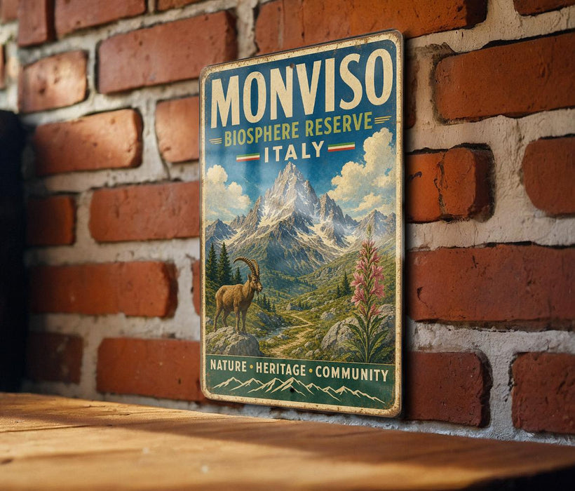 A vintage-style metal sign with a mountain landscape and a goat, mounted on a brick wall.