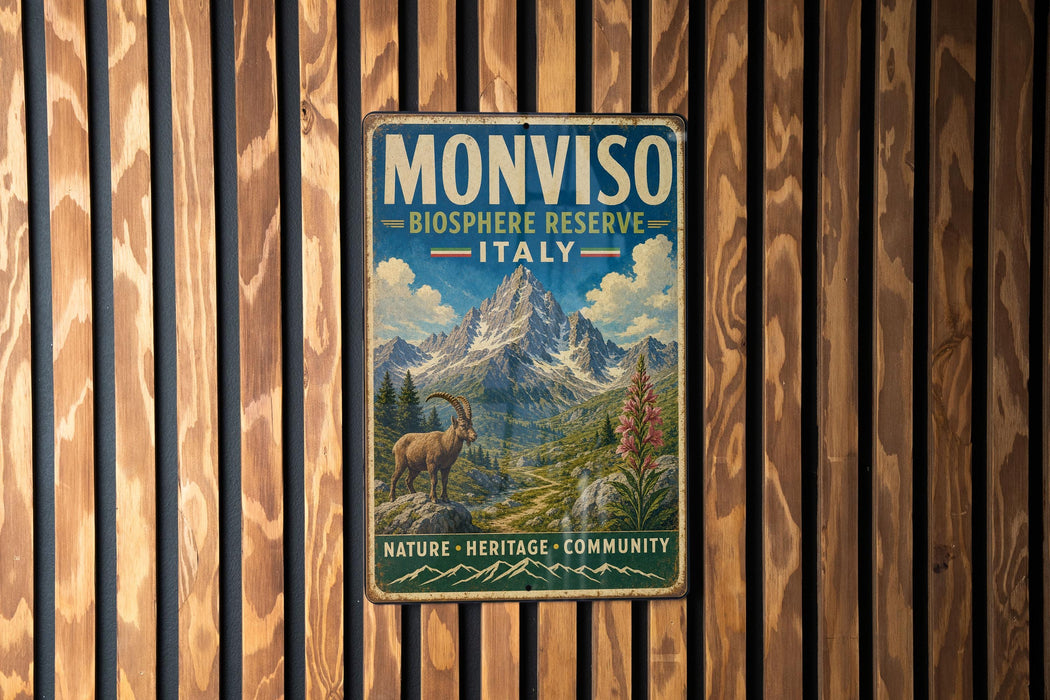 A vintage metal sign with a mountain landscape and a goat, mounted on a wooden wall.