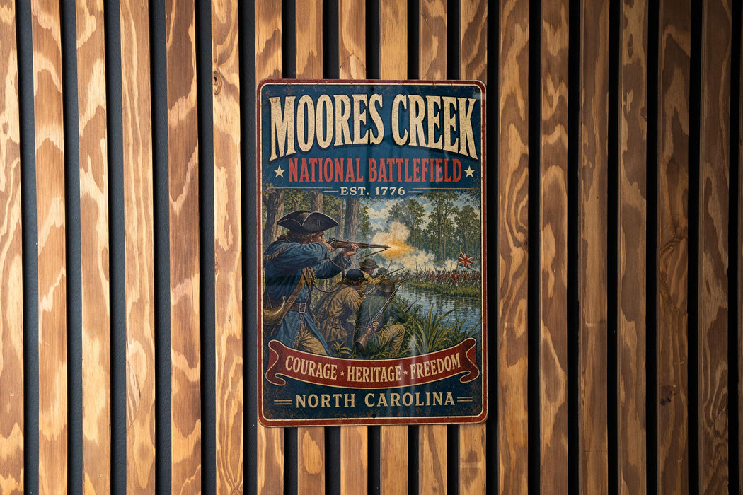 A vintage metal sign for Moore's Creek National Battlefield, featuring a historical illustration of soldiers and a river, mounted on a wooden wall.