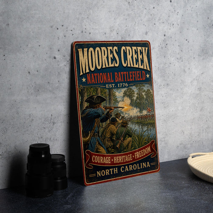 A vintage-style metal sign for Moore's Creek National Battlefield, featuring a painting of soldiers in battle and the text "Courage - Heritage - Freedom - North Carolina"