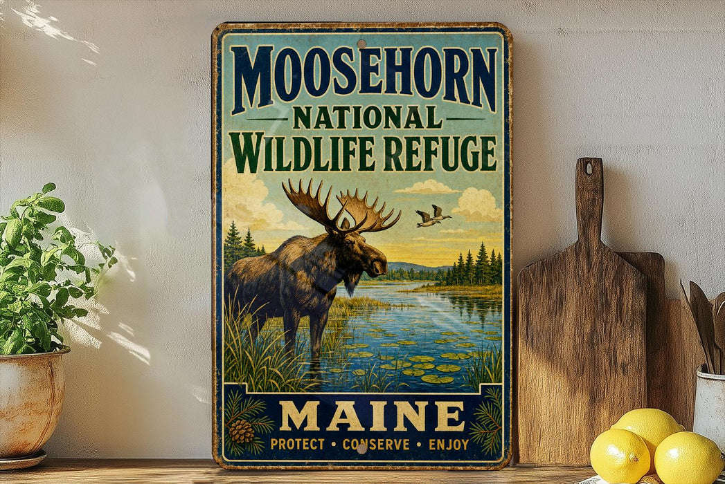 A vintage-style metal sign for Moosehorn National Wildlife Refuge in Maine, featuring an illustration of a moose in a natural setting.