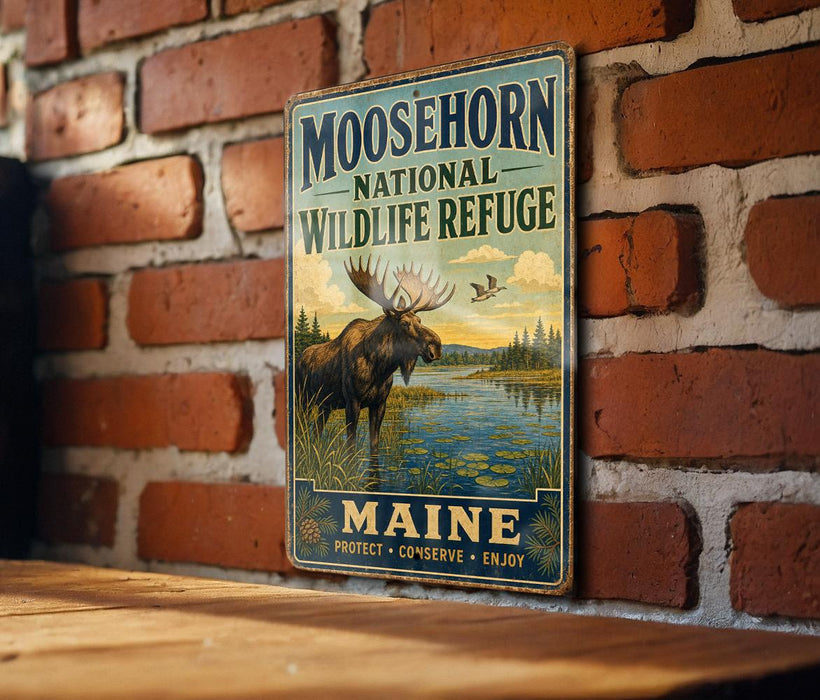 A vintage metal sign for the Moosehorn National Wildlife Refuge in Maine, featuring an illustration of a moose and a bird in a natural setting.