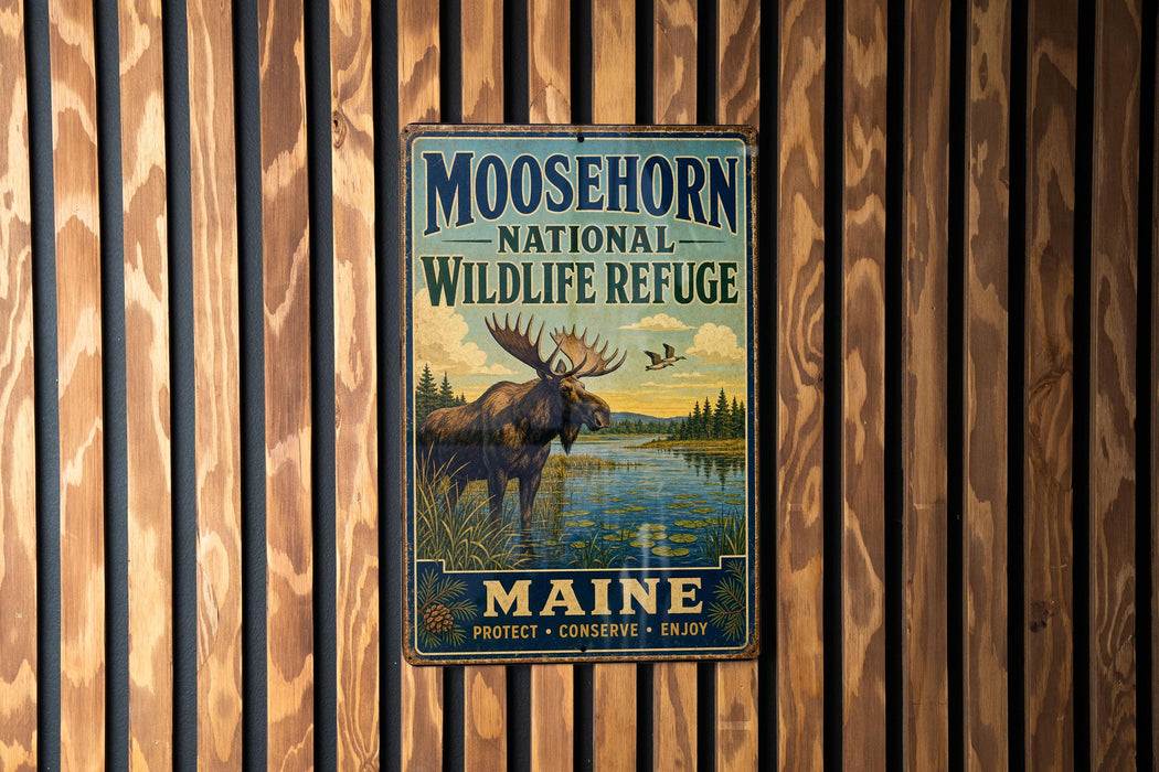 A metal sign with a moose and a lake, mounted on a wooden wall.