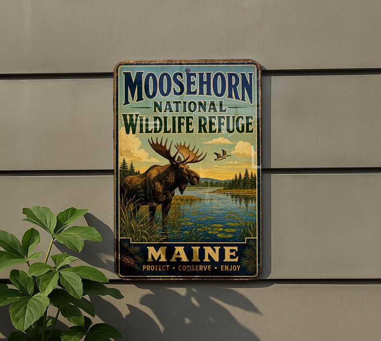 A metal sign with a moose and a river, mounted on a wall next to a plant.