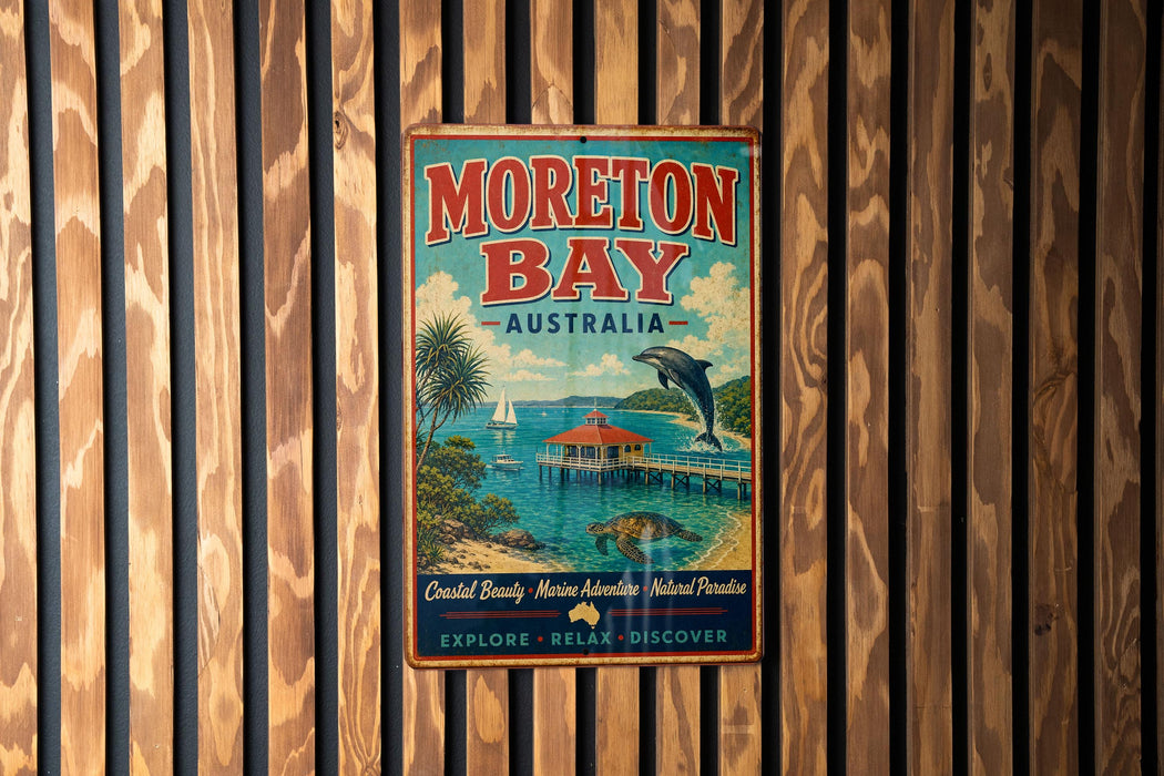 a vintage-style metal sign for Moreton Bay, Australia, hanging on a wooden wall.
