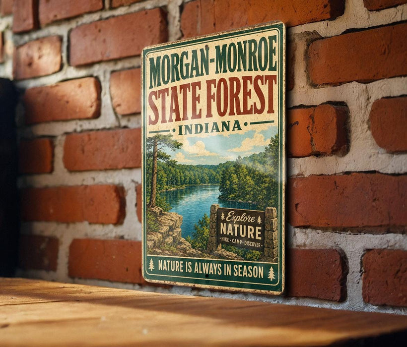 A vintage-style metal sign for Morgan-Monroe State Forest, Indiana, featuring a scenic image of a forest and a lake.