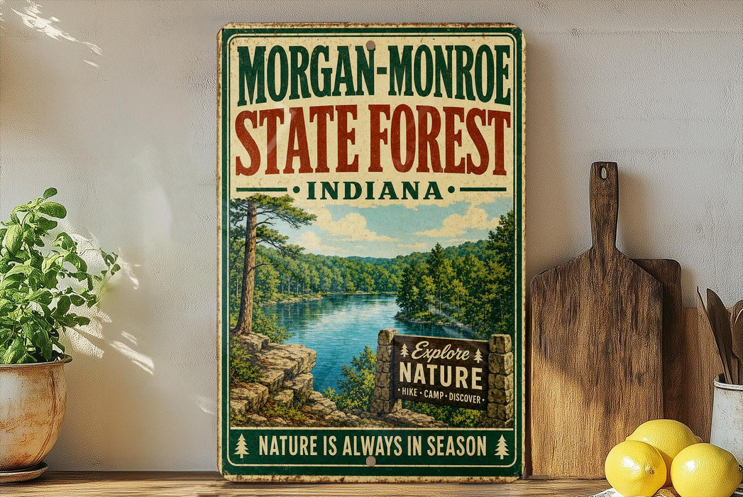 A vintage-style sign for Morgan-Monroe State Forest, Indiana, featuring a scenic landscape with a lake and trees.