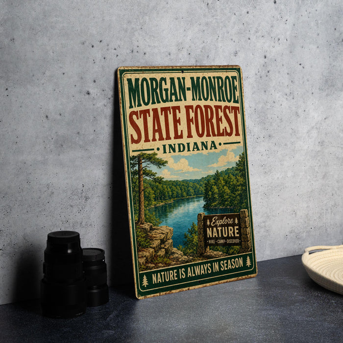 A vintage-style metal sign for Morgan-Monroe State Forest, Indiana, featuring a scenic landscape with a river and trees.