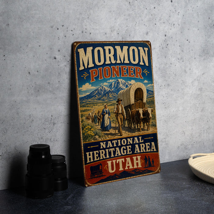 A vintage-style metal sign for the Mormon Pioneer National Heritage Area in Utah, featuring an illustration of a wagon train and people in period clothing.