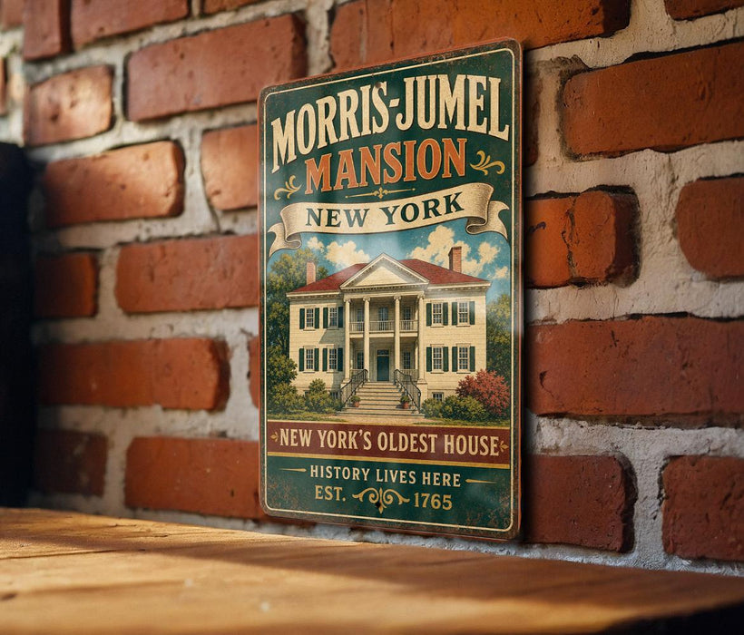 A vintage-style metal sign for the Morris-Jamel mansion in New York, featuring an illustration of the mansion and text indicating its historical significance.