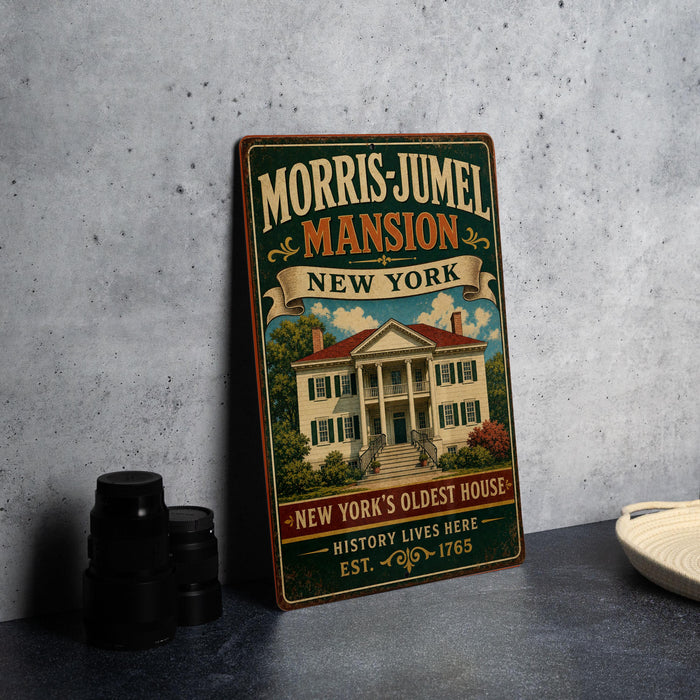 A vintage-style metal sign for the Morris-Jamel mansion in New York, featuring an illustration of the mansion and text describing it as the "New York's Oldest House".