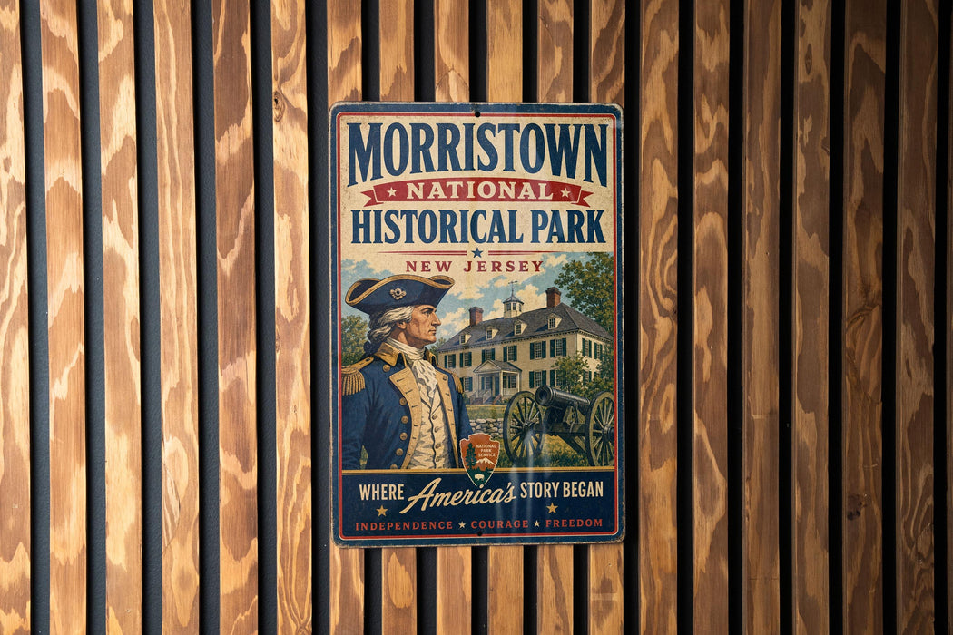 A vintage-style metal sign for Morristown National Historical Park in New Jersey, featuring an illustration of a man in military uniform and a cannon.