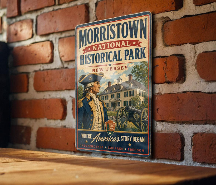 A vintage-style metal sign for Morristown National Historical Park in New Jersey, featuring an illustration of a man in military uniform and a cannon, mounted on a brick wall.