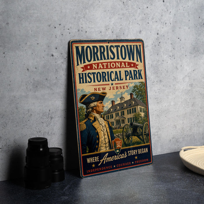 A vintage-style metal sign for Morristown National Historical Park in New Jersey, featuring an illustration of a man in a military uniform and a cannon, along with the text "Morristown National Historical Park" and "New Jersey".