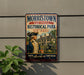 A vintage-style metal sign for Morristown National Historical Park in New Jersey, featuring an illustration of a man in military uniform and a cannon.